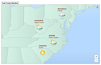 A weather map with markers.